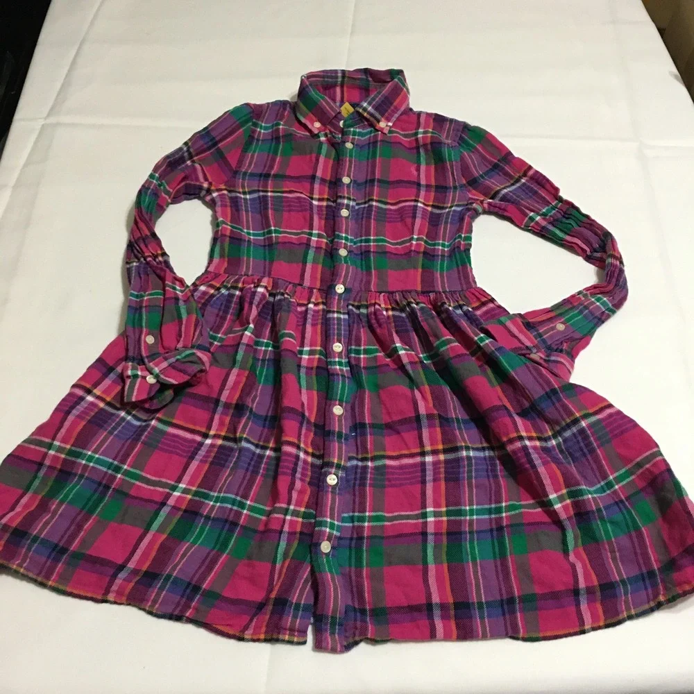 Polo Ralph Lauren Plaid Dress Kids 10 Pink Long Sleeve Button Front